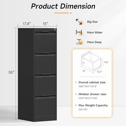 Bestoo File Cabinet, 4 Drawer Filing Cabinet with Lock, Metal File Cabinet - color: Black, size: 4Drawer-Vertical-50"H