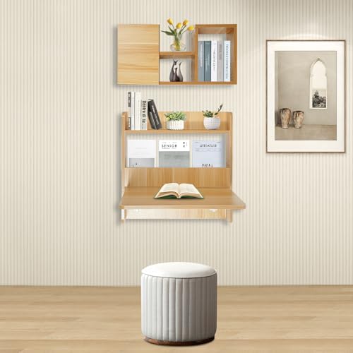 Floating Desk, 24" Wall Mounted Folding Desk with Bookshelf Folding Wall Desks Space Saving Workstation with Storage Shelves for Home Office Bedroom Study Room Small Space - color: Light Walnut Color