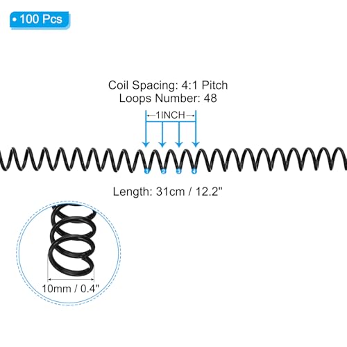 PATIKIL 10mm(3/8") Plastic Spiral Binding Coils, 100 Pcs Binding Spirals 75 Sheet Capacity 4:1 Pitch Binding Spirals for Binding Paper Sheets, Black - color: Black, size: 10mm(3/8")