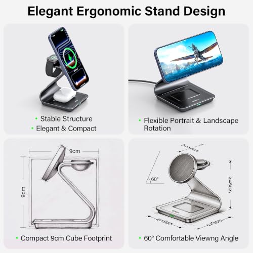 3-in-1 Wireless Charging Station for iPhone 17/16/15/14/13/12 Series, Apple Watch & AirPods, Aluminum Magnetic Charger Stand, MagSafe Compatible Fast Charging Dock for Multiple Devices
