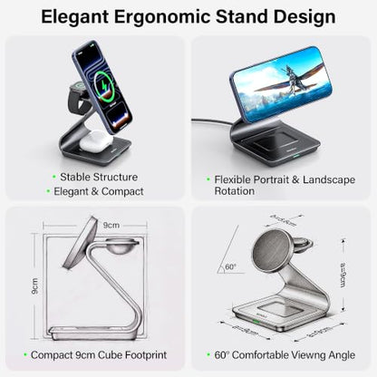 3-in-1 Wireless Charging Station for iPhone 17/16/15/14/13/12 Series, Apple Watch & AirPods, Aluminum Magnetic Charger Stand, MagSafe Compatible Fast Charging Dock for Multiple Devices