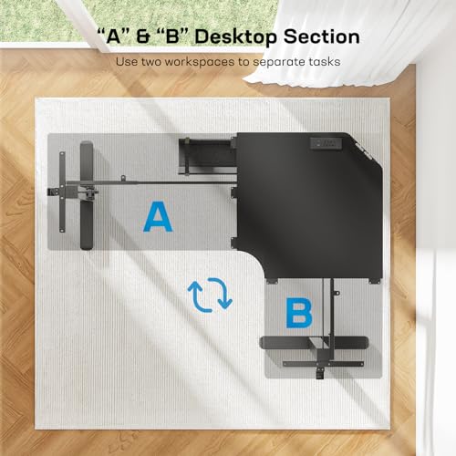 HUANUO 63″ L-Shaped Standing Desk, Built-in Power Outlets, Black