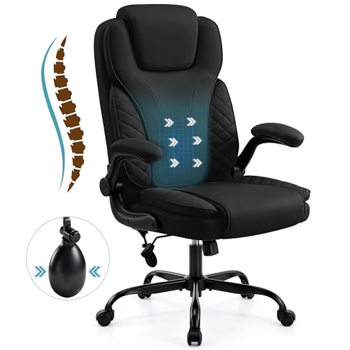 Ergonomic Office Chair, PU Leather High Back Executive Chair with Adjustable Inflatable Lumbar Support and Padded Flip-Up Arms, Recline Swivel Task Computer Chair for Home Office, Black - color: Black