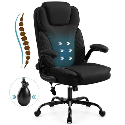Ergonomic Office Chair, PU Leather High Back Executive Chair with Adjustable Inflatable Lumbar Support and Padded Flip-Up Arms, Recline Swivel Task Computer Chair for Home Office, Black - color: Black