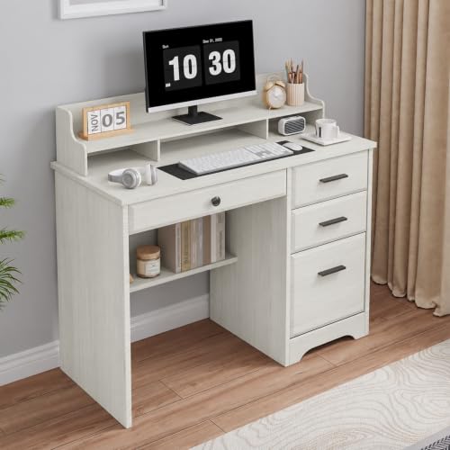 4 EVER WINNER Small Desk with Drawers for Small Spaces, 44'' Computer Desk with File Cabinet & Monitor Stand, Wood Writing Desk for Bedroom, Living Room, Off White - color: Off White