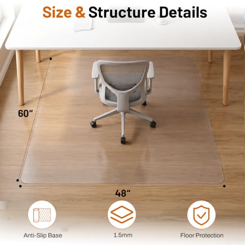 Clear Office Chair Mat for Hardwood Floors, Heavy Duty Protector | 48" x 60" Plastic Floor Mat for Rolling Desk Chairs, Home Office, Gaming Room, Tile and Laminate Floors - size: 48x 60inch- Clear