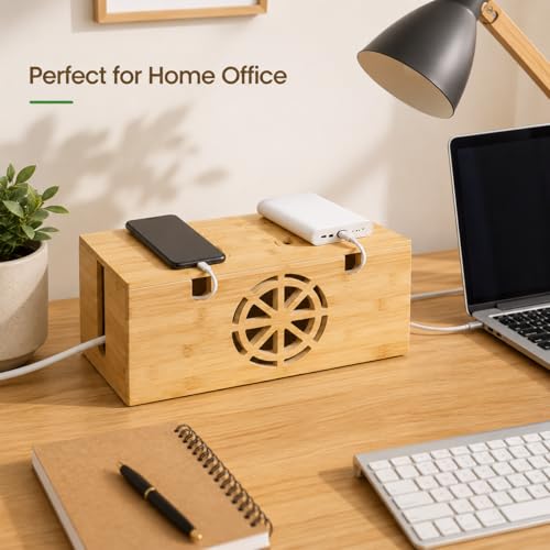 Bamboo Extra Large Cable Management Box, 15.7 x 6.7 x 6.7in | Cable Management Box - Large Bamboo Cord Organizer for Desk and Home Office - Power Strip Hider with Ventilation