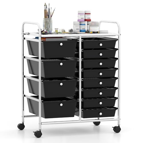 Giantex 12 Drawer Rolling Cart with Drawers, Storage Organizer Cart for Classroom Office School Teacher, Mobile Drawer Cart for Tools, Crafts, Small Printer, Black - color: Black, size: 12 Drawers (4 Big+8 Small)