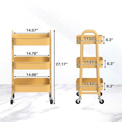 AGTEK 3 Tier Rolling Cart with Lockable Wheels, Metal Utility Cart, Multifunctional Storage for Kitchen, Office, Living Room, Makeup, Craft, Art Studio, Khaki - color: Khaki