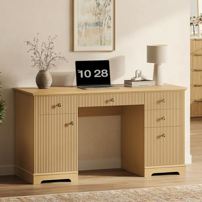 59" Executive Desk with Charging Station and 5 Drawers, Large Writing Study Table Computer Desk with Fluted Panel and Storage Cabinet with Adjustable Shelf, for Home Office Living Room and Study Room