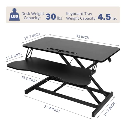 32 Inch Desk Converter, Height Adjustable Sit to Stand Riser, Dual Monitor and Laptop Workstation with Wide Keyboard Tray, Standing Computer Desk (Black) - color: Black