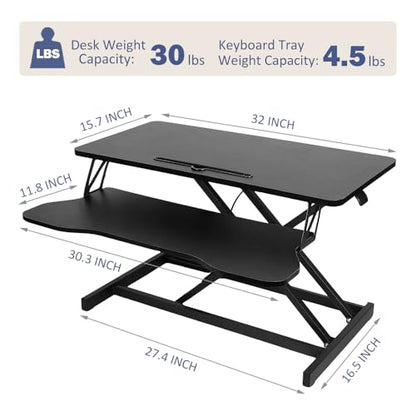 32 Inch Height Adjustable Standing Desk Converter, Dual Monitor and Laptop Riser Workstation with Wide Keyboard Tray, Sit to Stand Desk for Office Home (Black+32 Inch) - color: Black+32 Inch