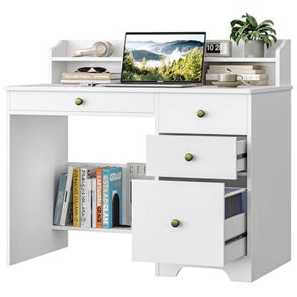 TTVIEW Computer Desk with Drawers and Hutch Shelf, Wood Executive Desk Writing Study Table with 43” Wide Tabletop, Small Desk with File Drawer for Home Office Bedroom, White - color: White
