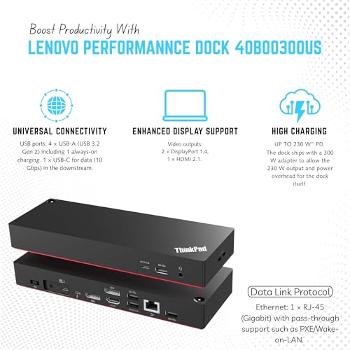 40B00300US Thinkpad Docking Station USB C, 4K Lenovo Thunderbolt 4 Dock | 300W, HDMI, DP & Thunderbolt Cables