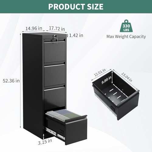 File Cabinet 2-Drawer Lateral with Lock, Metal Office Filing Cabinet for Letter/Legal/a4, Heavy Duty Storage Organizer, Full Extension Drawers, Anti-Tip Safety, Black, Home Office Organization - size: 4-Drawer
