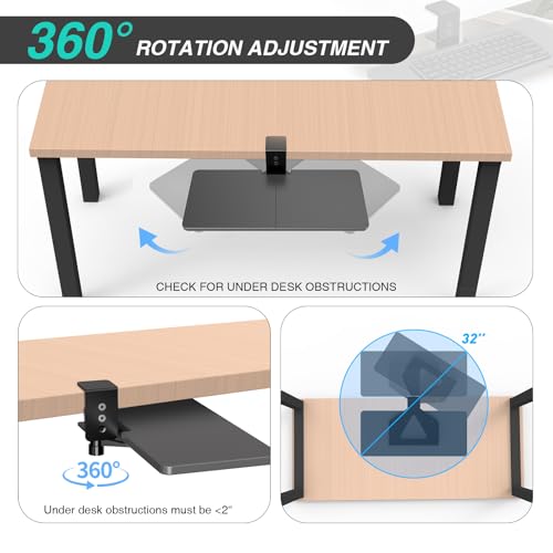Large Under Desk Rotatable Computer Keyboard and Mouse Tray, 23 x 10 inch Extra Sturdy Desk Swivel Clamp, Ergonomic Keyboard & Mouse Tray for Typing in Home, Office Work, Black