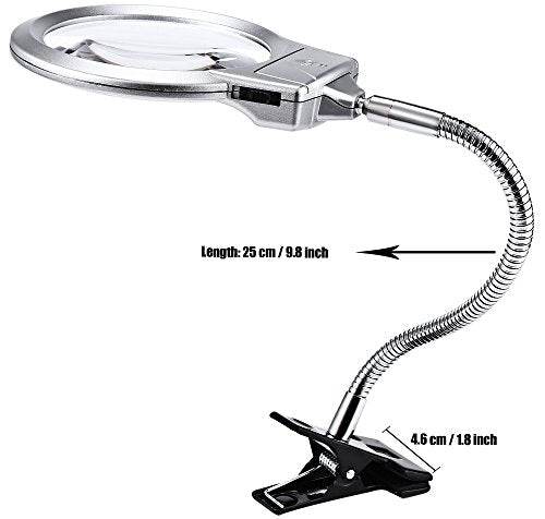Magnifers Lighted Hands Free,Pro-Flex Desk Led Magnifying Glass Lamp 2.25X 5X Insert Lens Desktop Table Lamp for Close Work, LED Lighted Gooseneck Magnifier with Clamp for Reading Silver