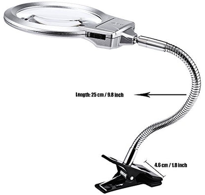 Magnifers Lighted Hands Free,Pro-Flex Desk Led Magnifying Glass Lamp 2.25X 5X Insert Lens Desktop Table Lamp for Close Work, LED Lighted Gooseneck Magnifier with Clamp for Reading Silver