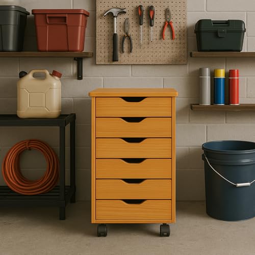 Jela-USA Solid Pine Wood 6 Drawer Rolling Cart, Honey Pine - color: Medium Wood, style: 6 Drawer