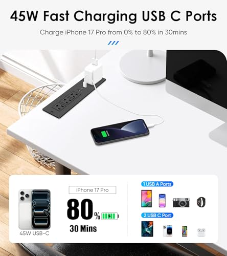 45W USB C Recessed Power Strip, Ultra Thin Flat Plug Recessed Outlet, 4 AC Outlets & 3 USB Port, Flush Mount for Conference Rooms, Office Tables, Furniture-6FT Cord - size: 6FT, style: 45W-2C1A-Black