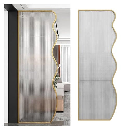 Translucent Glass Room Divider with Metal Frame, Freestanding Partition for Home Office Decoration