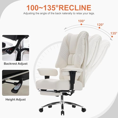 EXCEBET Big and Tall Executive Office Chair 400lbs Wide Seat, PU White | Wide seat, Retractable footrest, 135° recline, Lumbar support, PU leather, Ergonomic high back for lower back pain relief - color: White