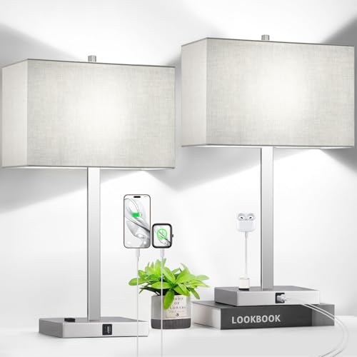 Lynnoland 21" Set of 2 Table lamp with USB A+C & AC Outlets, Touch Control 3-Way Dimmable Nightstand Lamps for Bedroom Living Room Office Reading, Gray Shade Touch Lamps, 5000K LED Bulbs Included - color: Gray Linen & Brushed Nickel