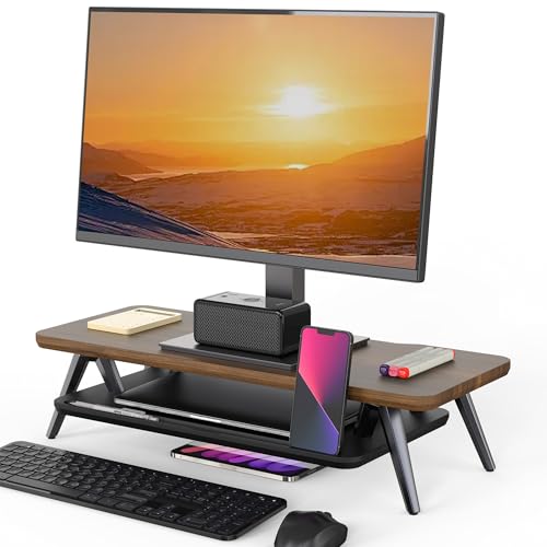 Fenge Monitor Stand Riser, Wooden Desk Shelf with 2-Tier Storage | 23.6-Inch Wide, Sturdy Aluminum Legs, Built-In Phone & Tablet Slot, Desktop Organizer for Office Accessories - color: Walnut, size: 23.6 Inch