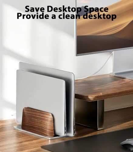 LOXP Vertical Laptop Stand, Dual Slot Wooden + Aluminum Laptop Holder | Desktop Adjustable MacBook Stand, Adjustable Base, for MacBook Pro/Air, (up to 17.3-inch All laptops)