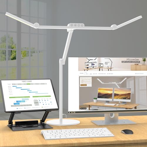 Micomlan Led Desk Lamp with Atmosphere Lighting, Rotatable Tall Architect Desk Lamp for Home Office with Swing Arm, 24W Bright Auto Dimming Adjustable Computer Light with Base for Table - color: White
