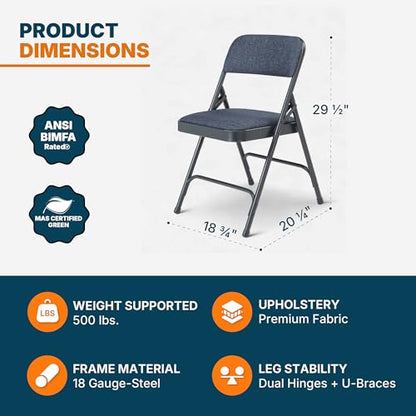 OEF Furnishings OEF2200 Series Heavy-Duty Premium Fabric Padded Upholstery Double-Hinged Folding Chairs (4-Pack, Midnight Blue) - color: Blue/Blue