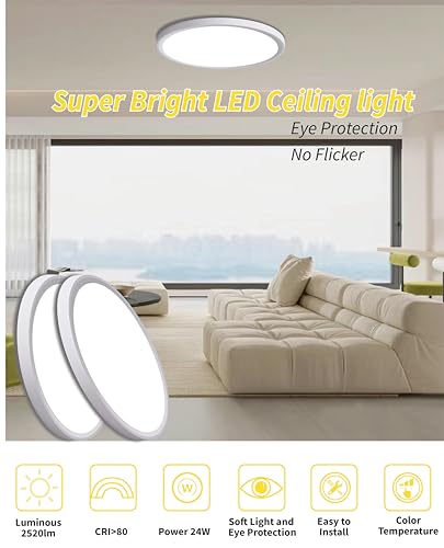 6Pack 12 Inch Dimmable LED Flush Mount Ceiling Light Panel,24W 2520LM,2700K-6000K Adjustable Color,Ultra Thin Round White Ceiling Light Fixture for Hallway Kitchen Bedroom Home Office - color: White, size: 12 Inch 6PK Dimmable