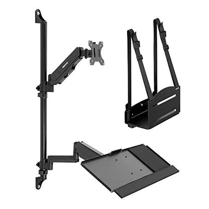 Mount-It! Single Monitor Arm Wall Mount Workstation with Keyboard Tray & CPU Holder, Height Adjustable Gas Spring Full Motion Computer Station, Fits 17–32” VESA 75x75 100x100, Black - size: Single Monitor