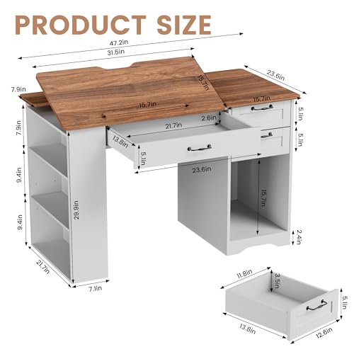 Drafting Table with Storage Cabinet & Drawers, Adjustable Drawing Desk with Open Shelves, Craft Table Painting Desk for Artists, Painters, Drawing, Crafting, Reading, Writing, Working - color: White