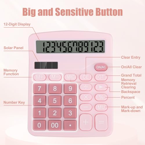 Desktop Calculator, Pink Calculator Big Buttons, 12-Digits Large LCD Display, Solar and AA Battery Dual Power, Desk Calculators for Office Home School Business Class (Pink) | Large LCD Display, Solar and AA Battery Dual Power, Desk Calculators for Office