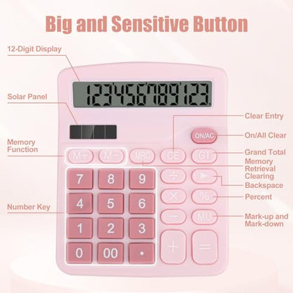 Desktop Calculator, Pink Calculator Big Buttons, 12-Digits Large LCD Display, Solar and AA Battery Dual Power, Desk Calculators for Office Home School Business Class (Pink) | Large LCD Display, Solar and AA Battery Dual Power, Desk Calculators for Office