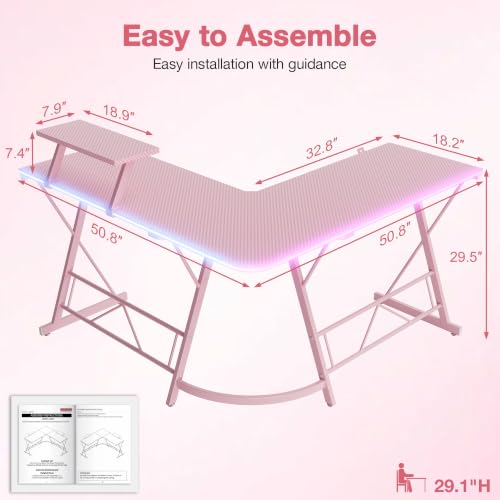 Mr IRONSTONE Gaming Desk with LED Lights, L Shaped Desk Corner with Cup Holder & Headphone Hook, Computer Desk Home Office Desks with Large Monitor Stand, Carbon Fiber Surface, Pink 51 Inch - color: Cyber Pink, size: 51Inch