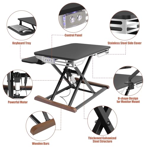 Electric Standing Desk Converter with Keyboard Tray, 26x16 Inch, Height Adjustable Sit to Stand Desk Riser with Unique Side Cover and Wooden Feet, Small Motorized Monitor Riser for Office & Home