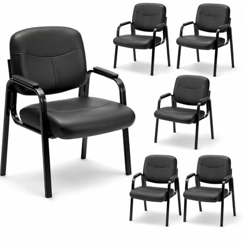 Office Reception Guest Chairs, Ergonomic Leather, Set of 6 | Waiting rooms, conference spaces, clinics, padded armrests, metal frame, no wheels, adults, home office, easy assembly - color: Inky, size: Set of 6