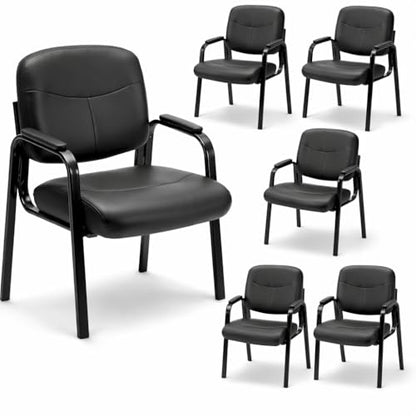 Office Reception Guest Chairs, Ergonomic Leather, Set of 6 | Waiting rooms, conference spaces, clinics, padded armrests, metal frame, no wheels, adults, home office, easy assembly - color: Inky, size: Set of 6