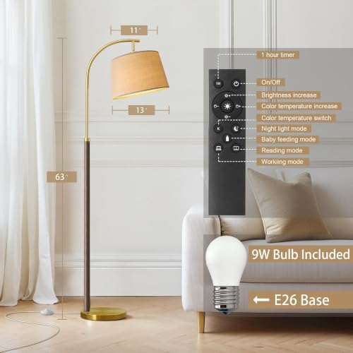 Real Wood Floor Lamps for Living Room Bedroom, 62" Mid Century Modern Lamp - color: Walnut & Gold