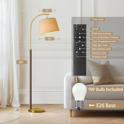 Real Wood Floor Lamps for Living Room Bedroom, 62" Mid Century Modern Lamp - color: Walnut & Gold