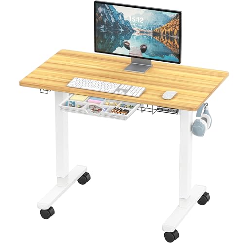 SHW Mobile Electric Height Adjustable Standing Desk w/Drawer, Walnut | 40" Wide Top | w/ Memory Presets and Cable Management | Drawer with adjustable compartments | Hanging Hooks - color: Oak