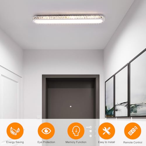 Qcyuui Dimmable LED Ceiling Light 39.4'' Kitchen Lighting Fixtures Ceiling Modern Luxury Crystal Ceiling Light with Remote Chrome Long Ceiling Light Fixture for Kitchen Dining Room Hallway,48W - color: Chrome/Dimm/48W/39.4IN/Crystal, size: 39.4in