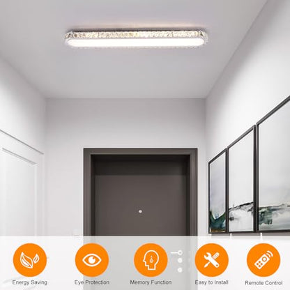 Qcyuui Dimmable LED Ceiling Light 39.4'' Kitchen Lighting Fixtures Ceiling Modern Luxury Crystal Ceiling Light with Remote Chrome Long Ceiling Light Fixture for Kitchen Dining Room Hallway,48W - color: Chrome/Dimm/48W/39.4IN/Crystal, size: 39.4in