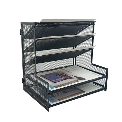 SETTFRFE 5-Tier Metal Desk File Organizer, File Tray Rack | 3 Slanted+2 Horizontal Paper File Holder for Office Supplies,Multi Layer Letter Tray,Home Office Desktop Storage Rack,Black