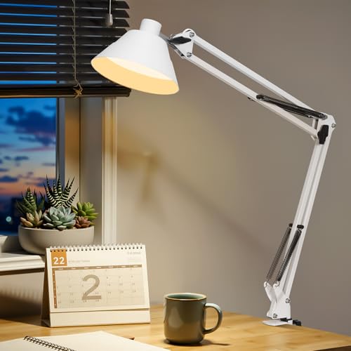 Led Desk Lamp for Home Office - Swing Arm Desk Lamp with Clamp - Architect Adjustable Gooseneck Table Lamp with 5 Color Modes & 10 Brightness for Reading Working Drafting (White) - color: White