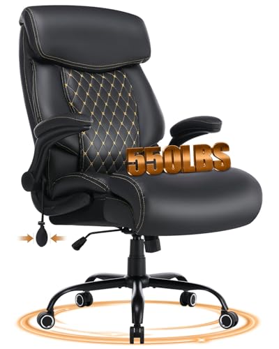 550LBS Big and Tall Office Chair for Heavy People,Ergonomic Office Chair with Padded Flip-Up Arms and Adjustable Lumbar Support,High Back Executive Leather Desk Chair with Rocking Function