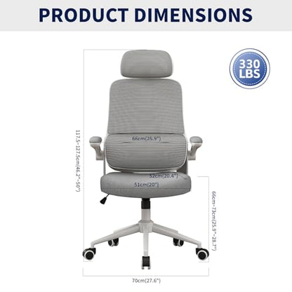 Ergonomic Office Chair - Desk Chair with Adjustable Headrest Lumbar Support Computer Chair - Mesh Comfy Chair with Flip-up Armrests - Gaming Chairs for Adults Home Office (White+Gray) - color: White+gray