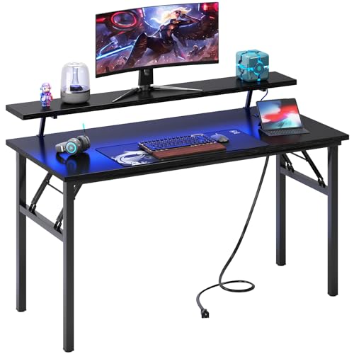 DlandHome 47" Computer Desk with Power Outlets & LED Lights, Black, Bedroom - color: Black + Black, size: 47 Inches + Outlets